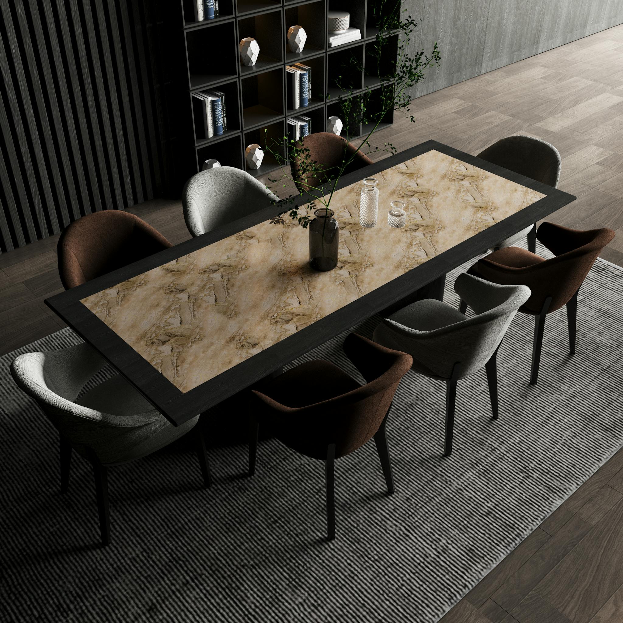 Top view of a luxurious marble dining table with stylish chairs in a modern interior setting.
